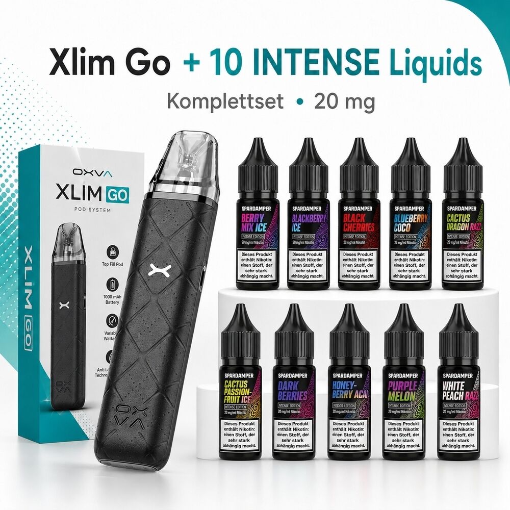 OXVA Xlim Go Pod System mit 10 INTENSE Liquids; Schwarz, 1000 mAh, verschiedene Geschmacksrichtungen wie Berry Mix Ice und Blackberry Ice.