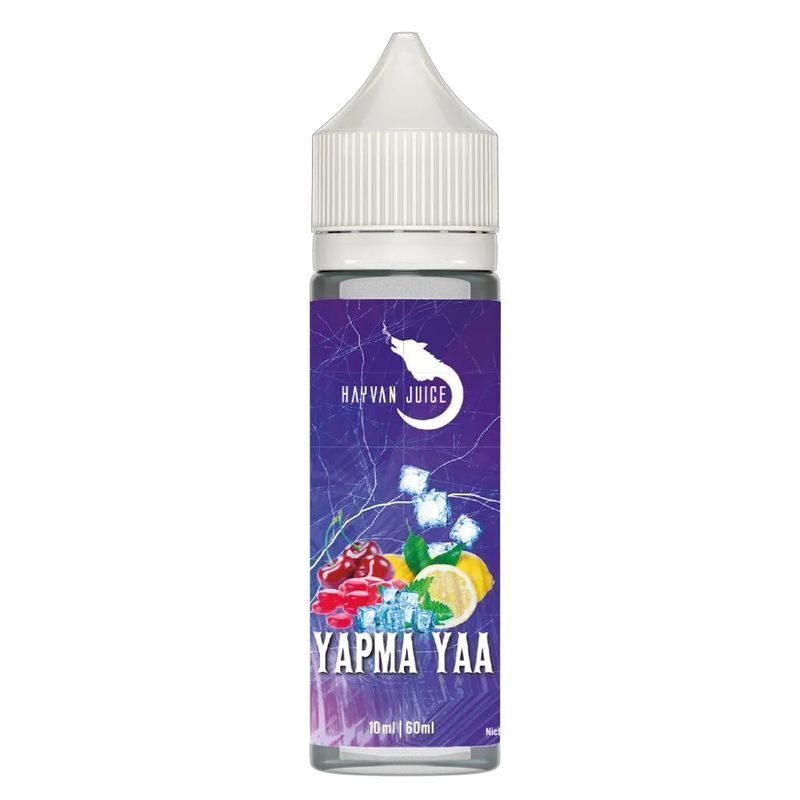 Aroma Yapma Yaa von Hayvan Juice Hayvan Juice Aroma Yapma Yaa in 60ml Flasche mit Früchten, Eiswürfeln und lila Hintergrund.