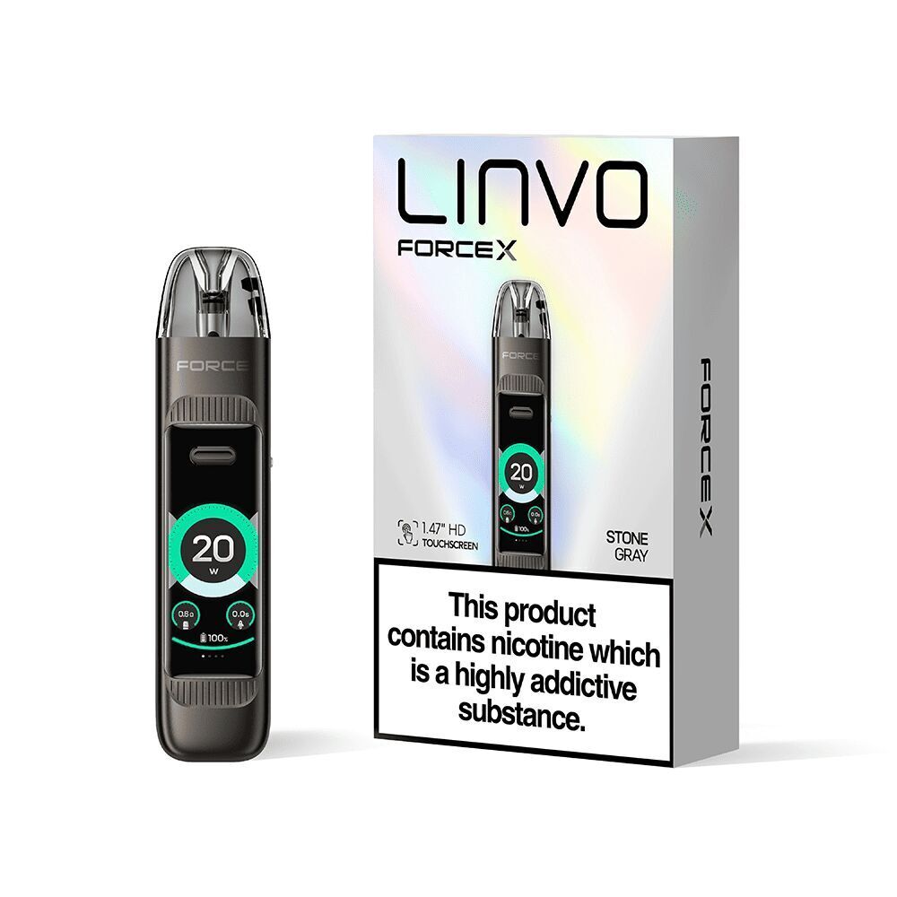 Linvo Force X Pod Kit in Stone Gray neben der Verpackung mit digitalem Display bei 20W, Warnhinweis zur Nikotinsucht auf der Box.
