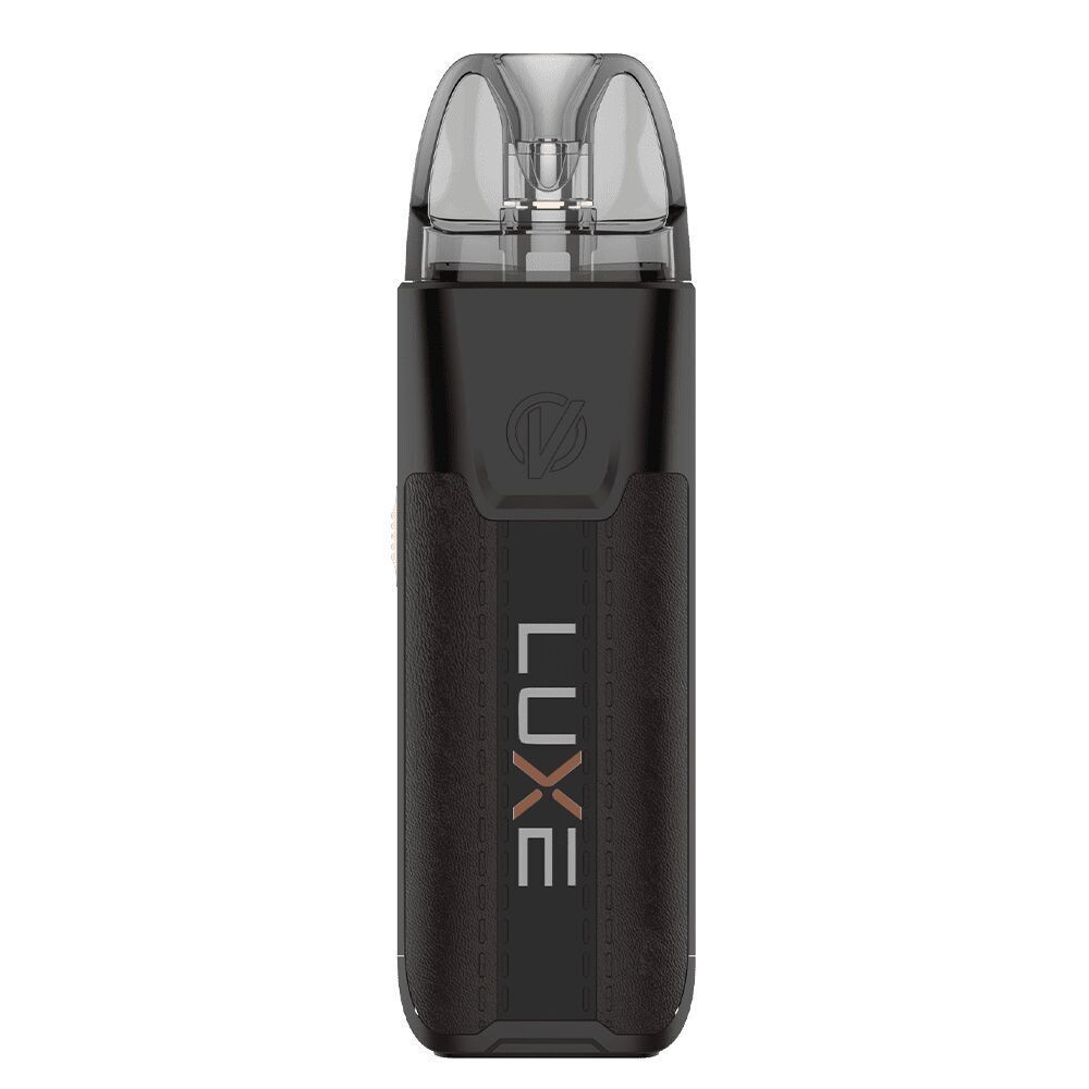 Vaporesso Luxe XR Max Pod Kit in dunkel schwarzem Leder mit durchsichtigem Mundstück und sichtbarem Logo.