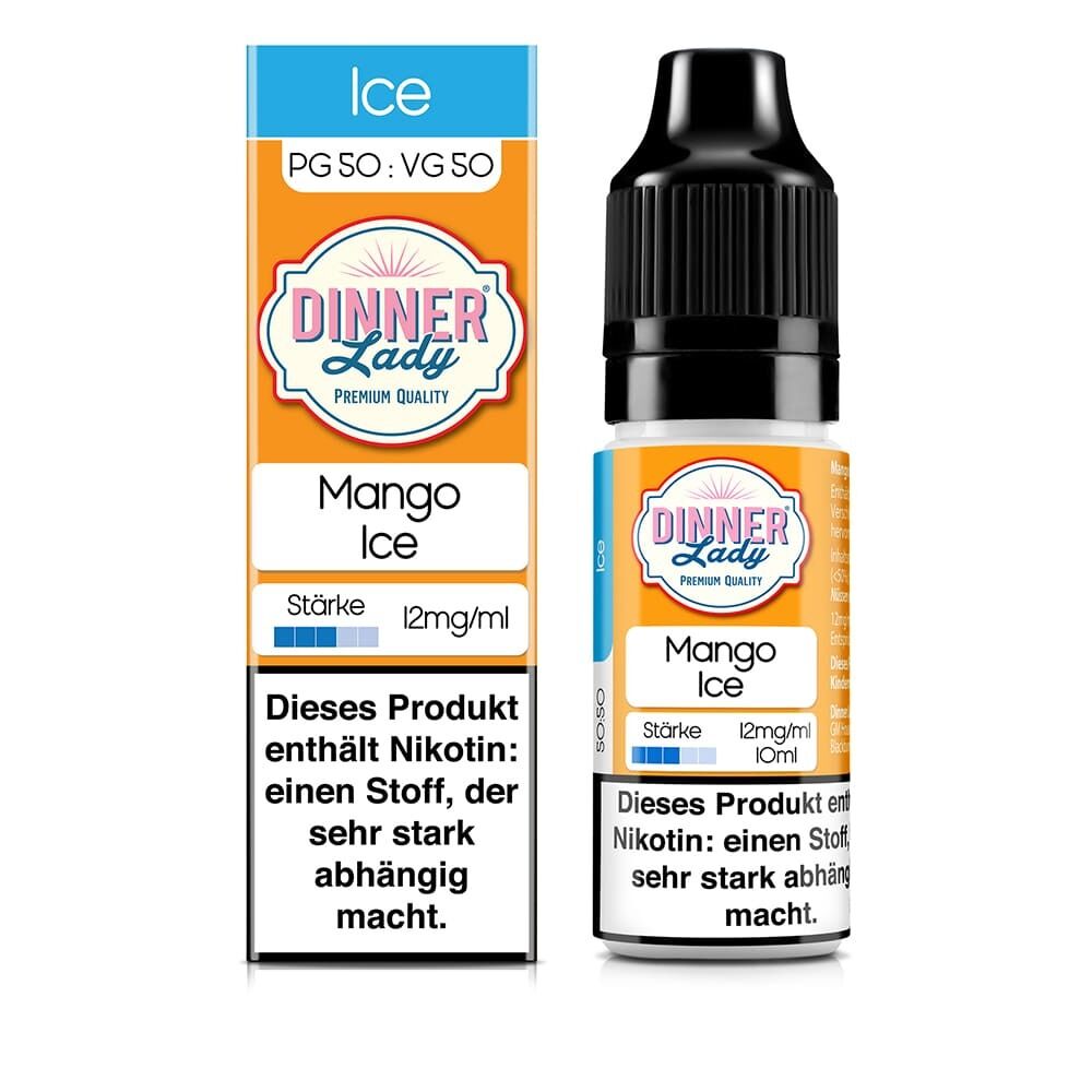 Liquid Mango Ice mit 12mg Nikotin von Dinner Lady Dinner Lady Mango Ice Liquid 12mg Flasche und Verpackung mit Nickel-Warnung, PG 50, VG 50 Mischverhältnis und Stärkeskala