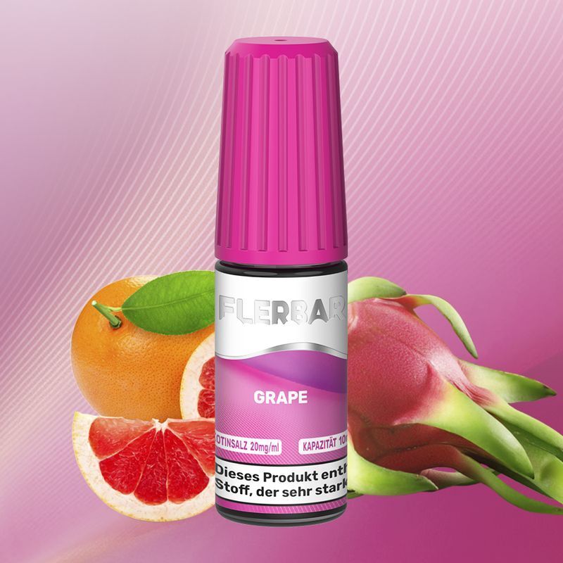 Liquid Grapefruit Dragon Fruit von Flerbar Flerbar Nikotinsalz-Flasche mit lila Verschluss, Grapefruit- und Drachenfrucht-Hintergrund, Aufschrift "Grape" auf der Verpackung.