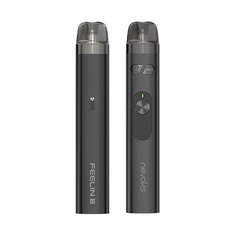 Nevoks Feelin A1 Pod Kit in der Farbe Black Nevoks Feelin A1 Pod Kit in Schwarz, zwei Geräteansichten mit Steuerknopf und Tasten, Branding mit „Feelin A1“ und „nevoks“ sichtbar.