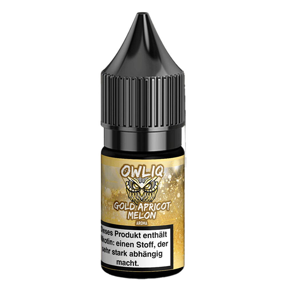 Owliq Nikotinsalz - Gold Apricot Melon Flasche Owliq Nikotinsalz Gold Apricot Melon mit schwarzem Verschluss und goldfarbenem Etikett, Warnhinweis über Nikotinabhängigkeit.