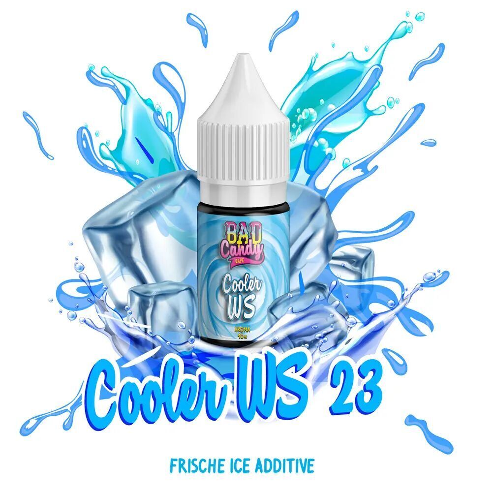Bad Candy Aroma Cooler WS23 Flasche vor blauen Eiswürfeln mit spritzendem Wasser und blauem Schriftzug "Cooler WS 23" und "Frische Ice Additive"