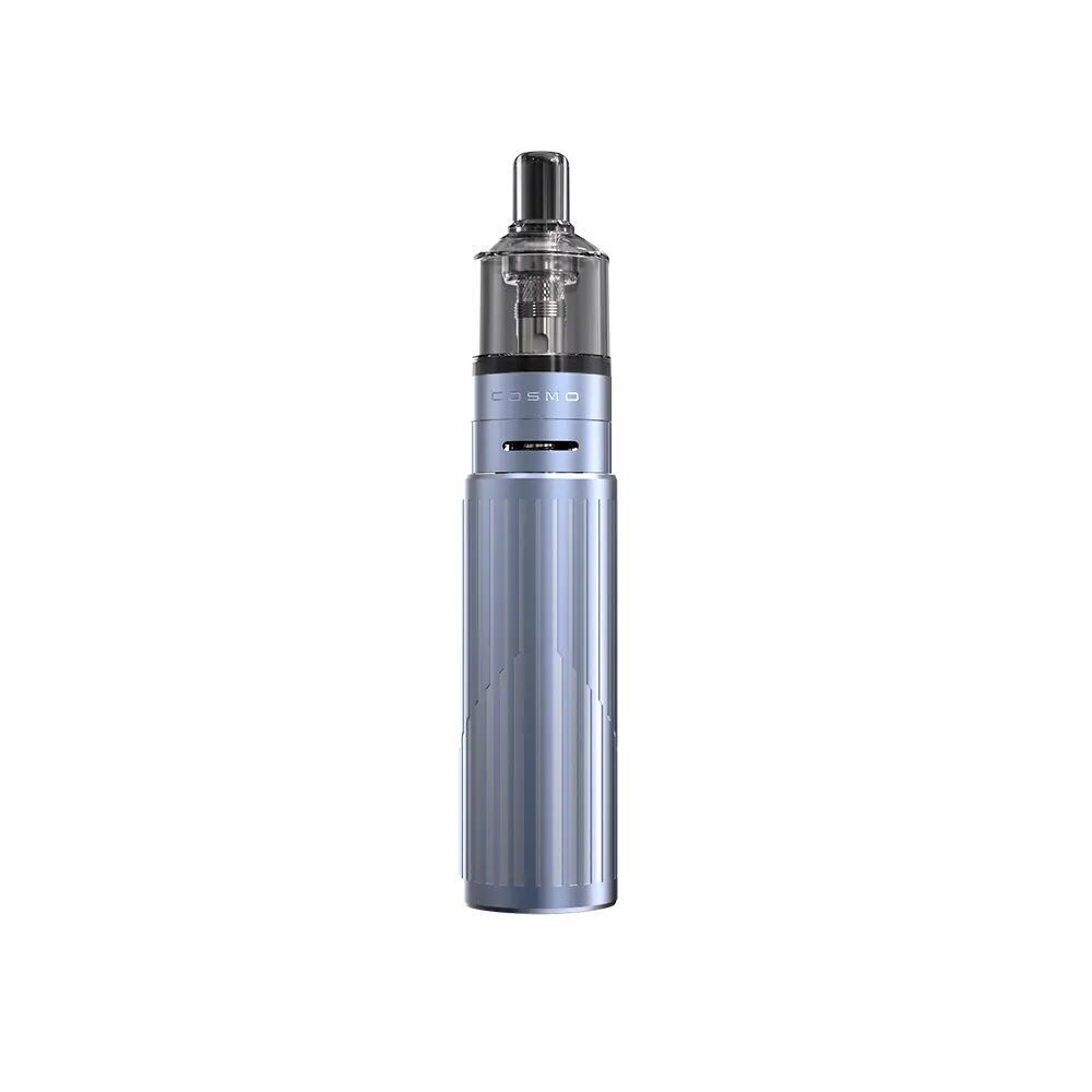 Vaptio Cosmo Prime Kit in Ice Blue, zylindrische Form, glänzende Oberfläche, transparenter Tank und Mundstück oben.