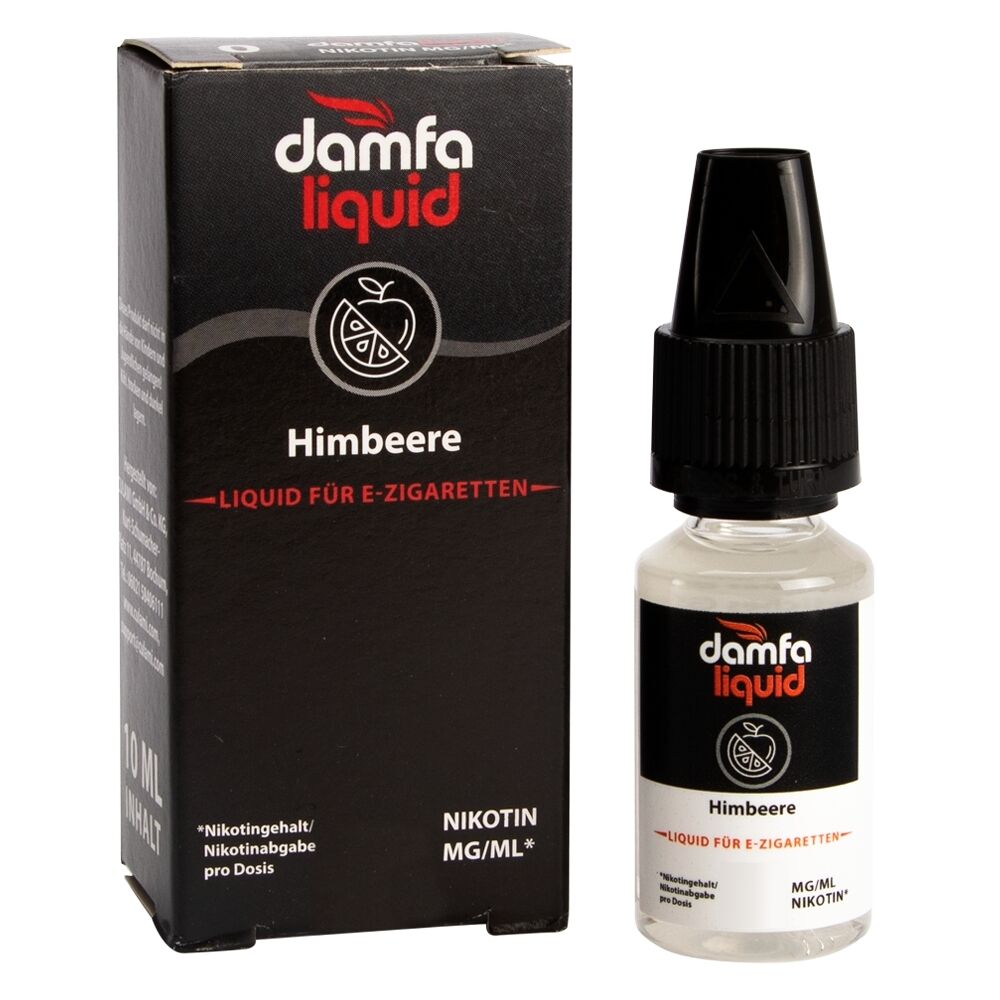 Liquid Himbeere 12mg - Damfaliquid Damfaliquid Liquid Himbeere E-Zigaretten-Liquid mit Nikotin in schwarzer Box und Klarsichtflasche mit schwarzem Verschluss.