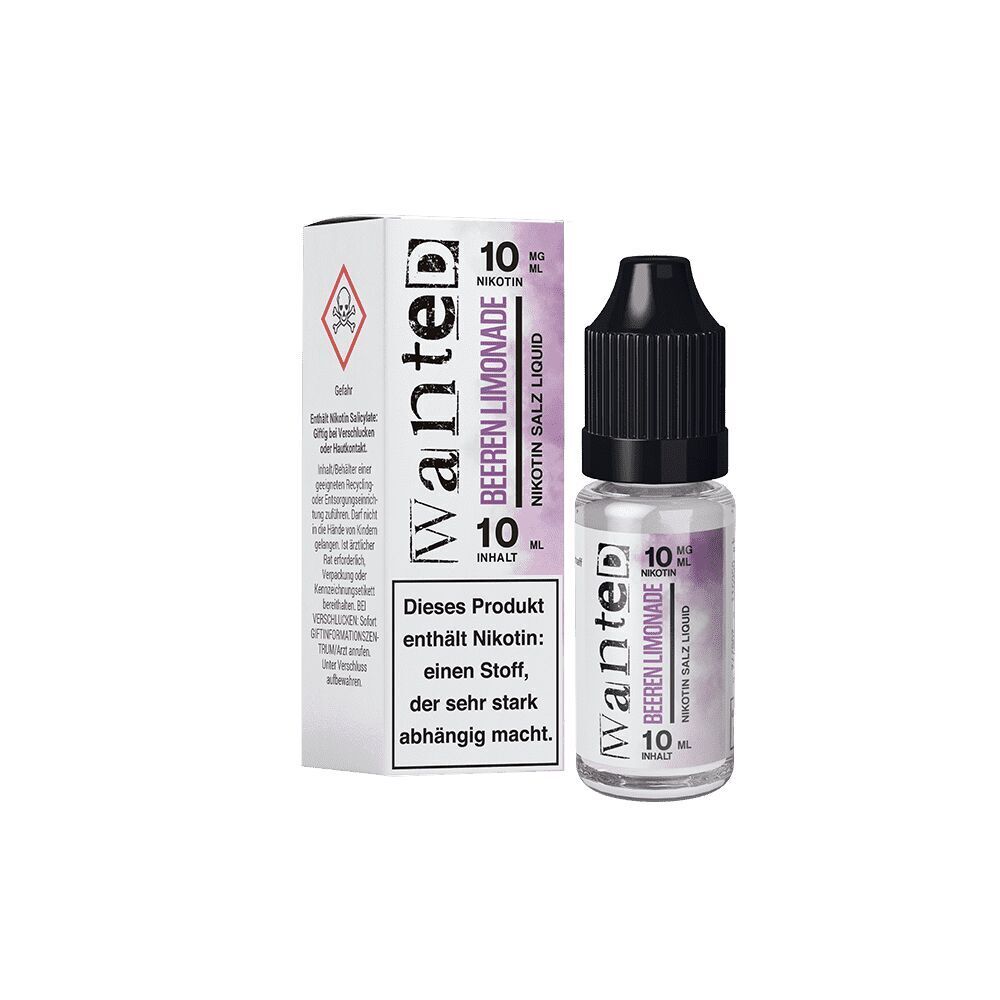 Liquid Beeren Limonade mit 10mg Nikotin von Wanted E-Liquid-Flasche und Verpackung von Wanted Nikotinsalz Beeren Limonade, 10mg Nikotin, 10ml, mit Warnhinweis auf der Packungsseite