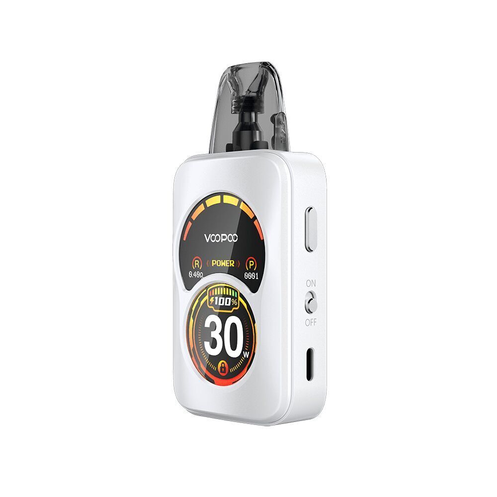 Voopoo Argus A Pod Kit in Pearl White mit Farbdisplay zeigt 30W, Power-Modus, Schaltetasten und transparentes Mundstück.