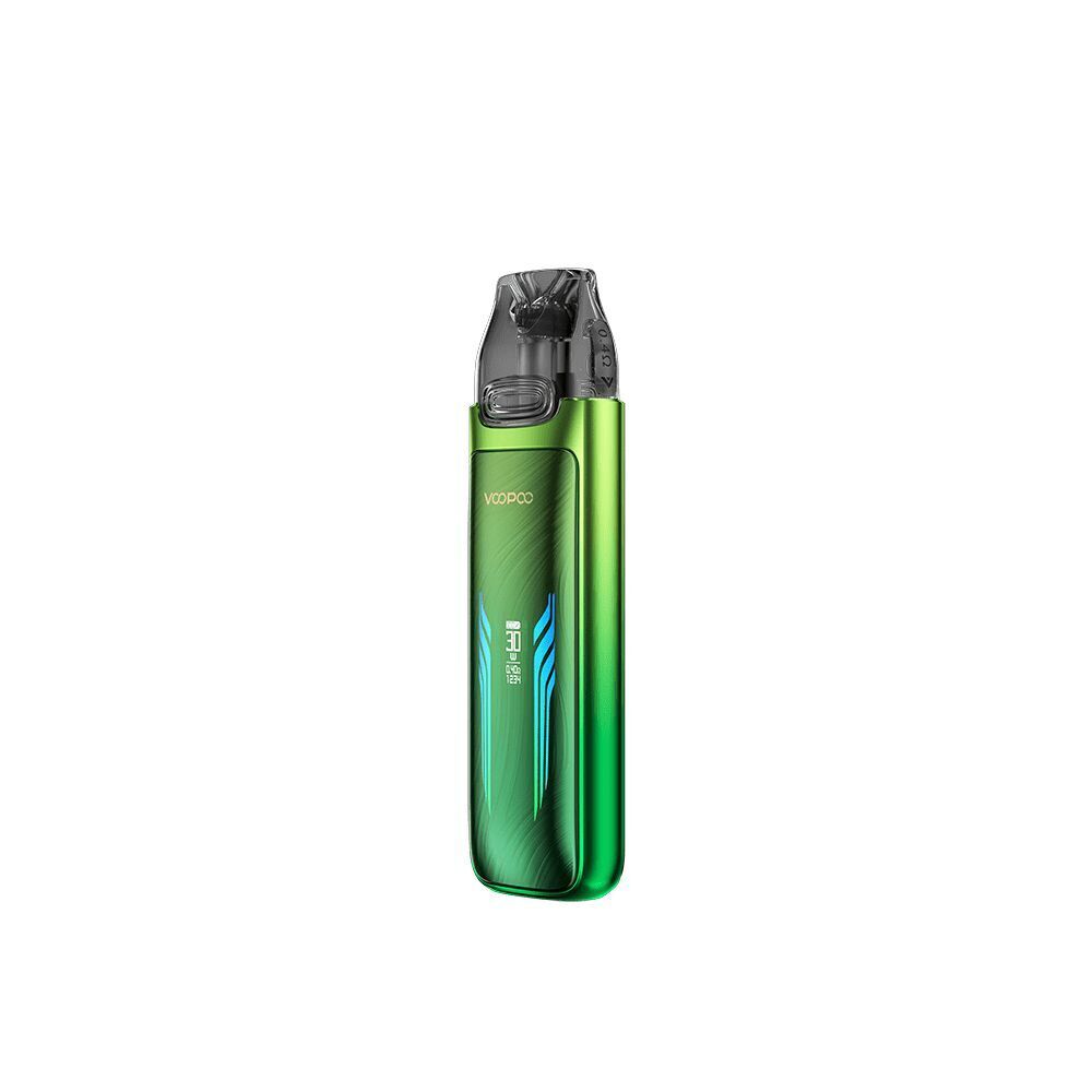 Voopoo VMATE Max Pod Kit in der Farbe Shiny Green Voopoo VMATE Max Pod Kit in glänzendem Grün mit blauen Designelementen und durchsichtigem Pod oben.