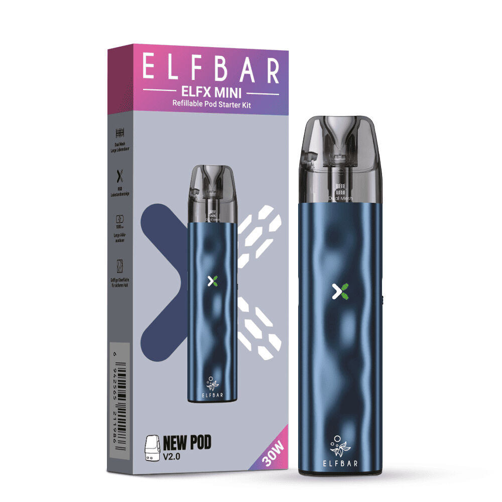 Elfbar Elfx Mini Pod Kit in Ocean-Farbe mit silbernem Mundstück, grünem Logo, Verpackung und der Aufschrift "30W New Pod V2.0"