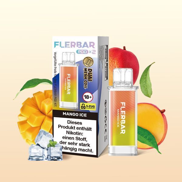 Mango Ice 20mg - Flerbar Pods Flerbar Pods Mango Ice 20mg Packung und Pod, umgeben von Mango, Eiswürfeln und einem Nikotin-Hinweis.