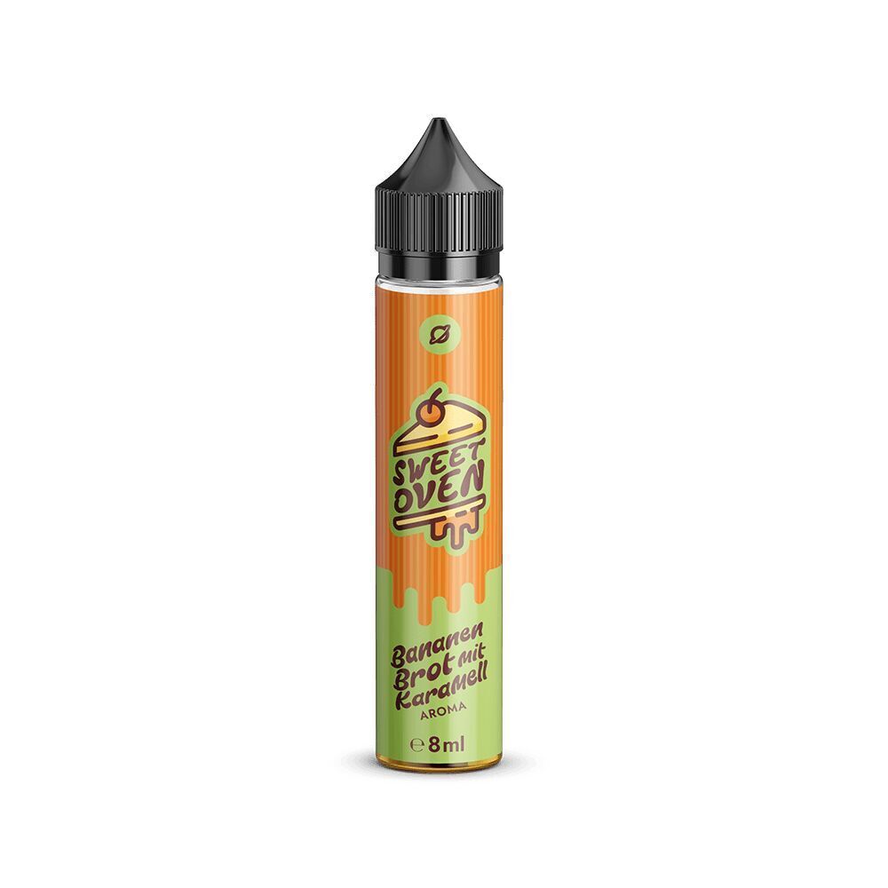 Flavorverse Aroma-Bananenbrot mit Karamell in einer orange-goldenen 81ml Flasche mit schwarzer Kappe, Sweet Oven-Logo sichtbar.