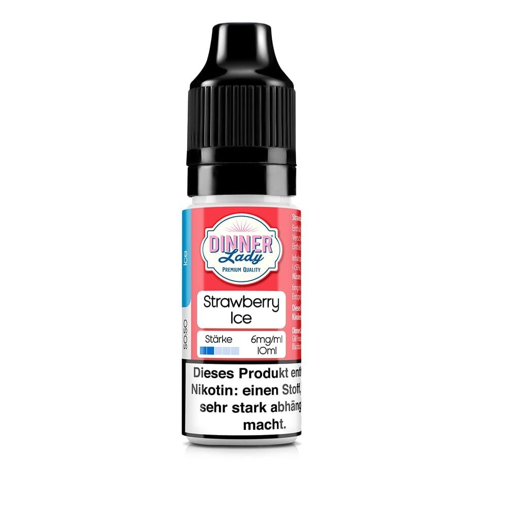 Dinner Lady Liquid Strawberry Ice Flasche mit 6mg/ml Stärke, 10ml Inhalt, Warnhinweis zu Nikotinabhängigkeit auf Etikett.