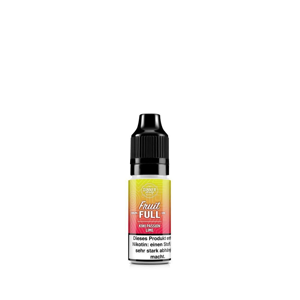 Flasche mit Dinner Lady Fruit Full Nikotinsalz in Kiwi Passion Lime, 20 mg, gelb-rotes Etikett mit Warnhinweis zu Nikotin.