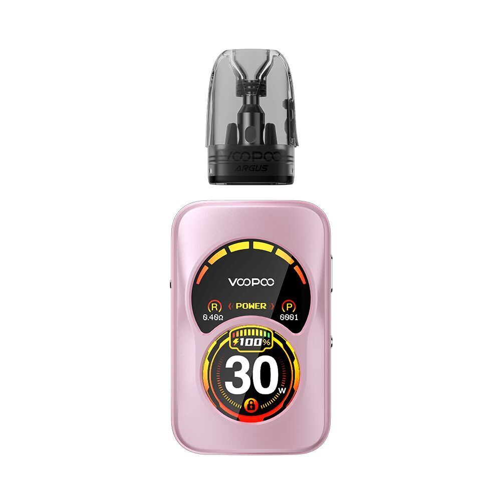 Voopoo Argus A Pod Kit in Crystal Pink mit digitalem Display, das 30 W, 100 % Akku und Power-Modus anzeigt, separater Pod oben.