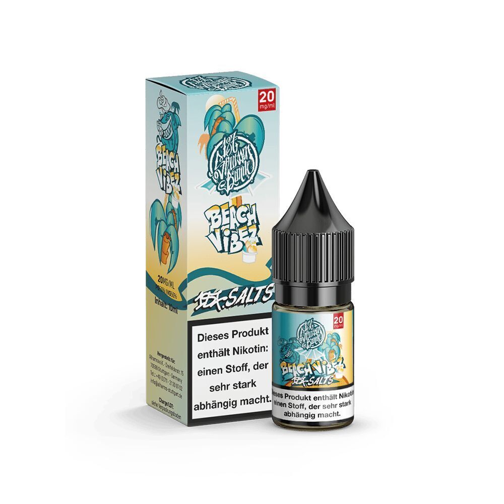 187 Strassenbande Liquid - Beach Vibez 20mg E-Flüssigkeit 187 Strassenbande Beach Vibez 20mg Verpackung und Flasche, tropisches Design mit Palmen, Warnhinweis auf Nikotinabhängigkeit