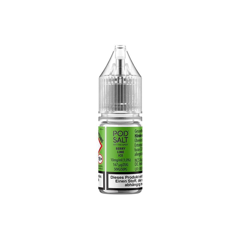 Liquid Berry Lime Ice von Pod Salt Xtra Pod Salt Xtra Nikotinsalzflasche mit Berry Lime Ice 10mg, grünes Etikett, durchsichtigem Verschluss und Warnhinweisen auf der Vorderseite