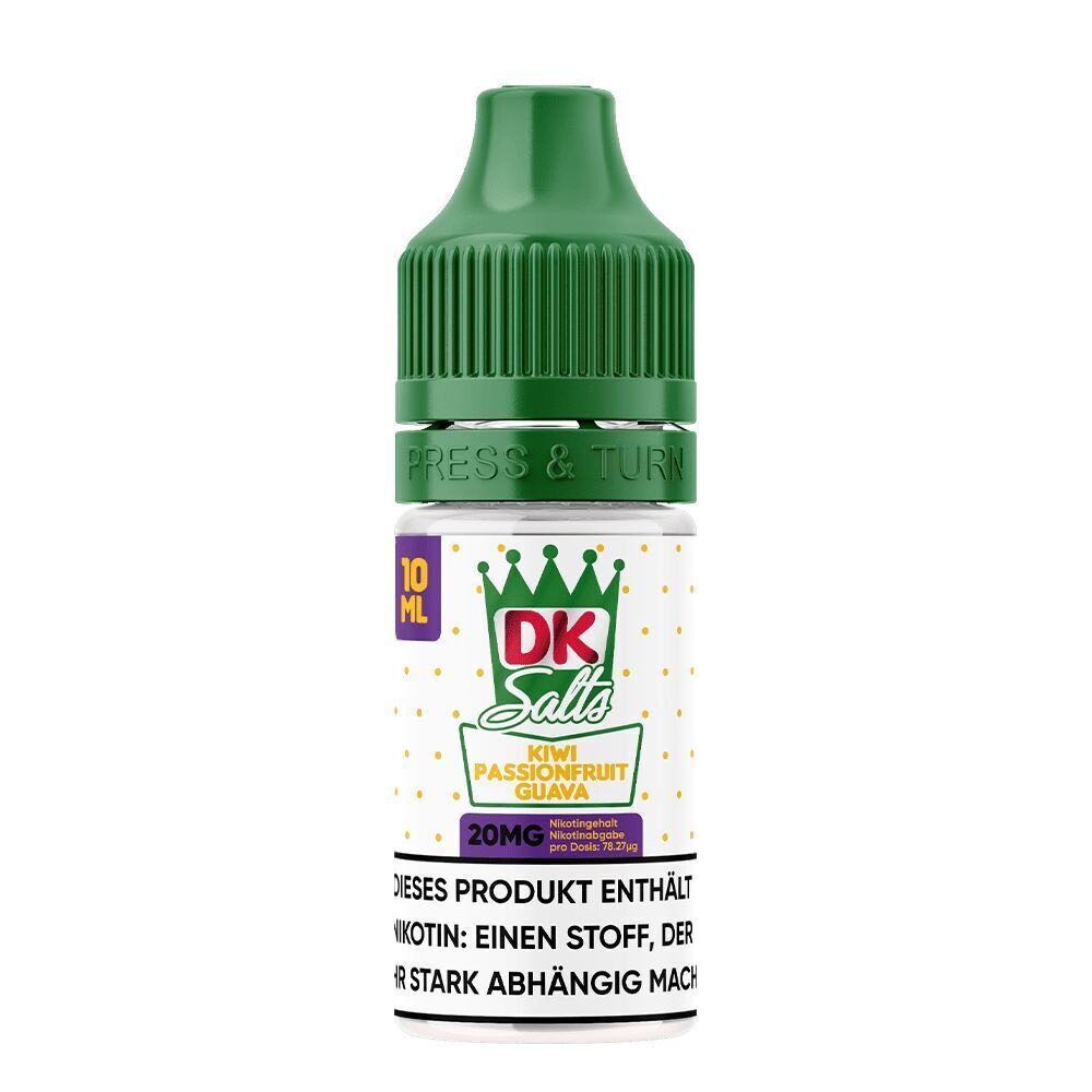 Liquid Kiwi Passionsfruit Guava 20mg - DK Salts Flasche mit grünem Deckel, Etikett DK Salts Kiwi Passionsfruit Guava, 10 ml, 20 mg, Hinweis auf Abhängigkeit durch Nikotin.