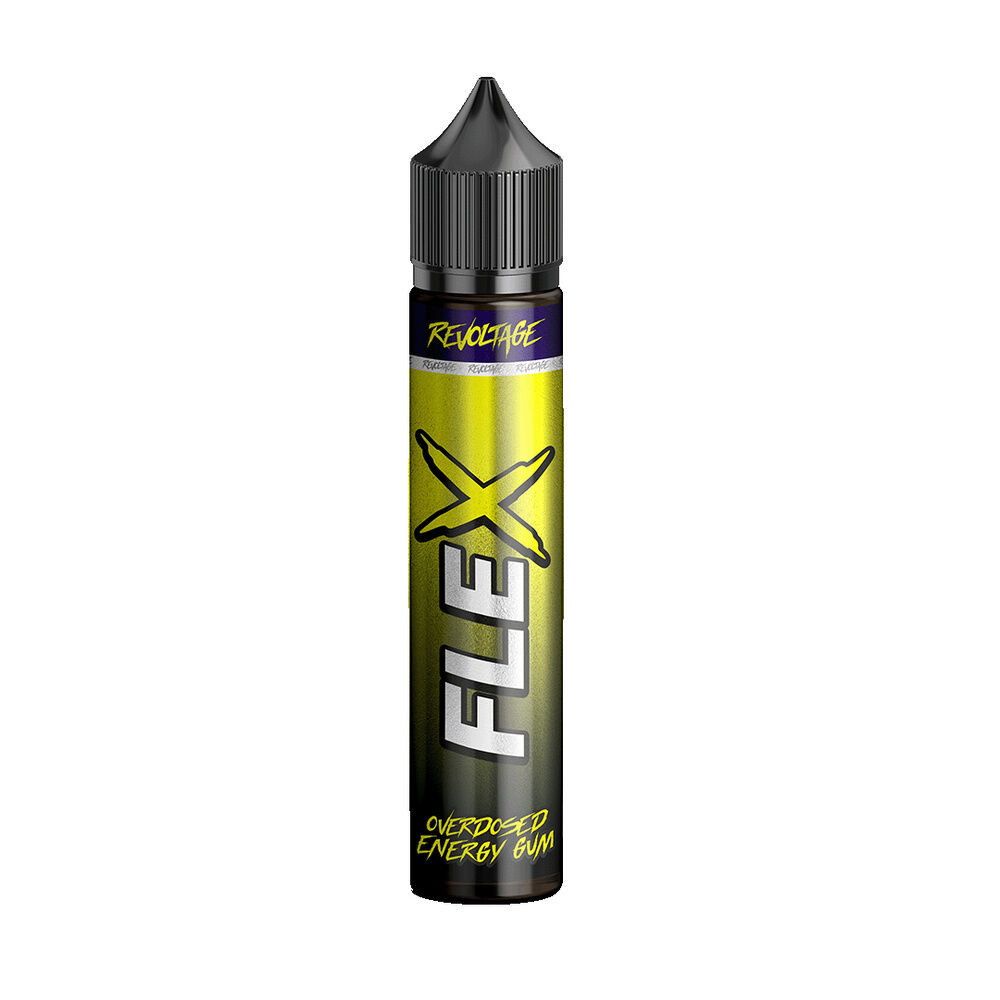 revoltage-flex-longfill-aroma-energy-gum-7ml Revoltage Flex Longfill Aroma - Energy Gum Flasche, gelb-schwarzes Design mit schwarzem Deckel, Aufschrift "Flex" und "Overdosed Energy Gum"