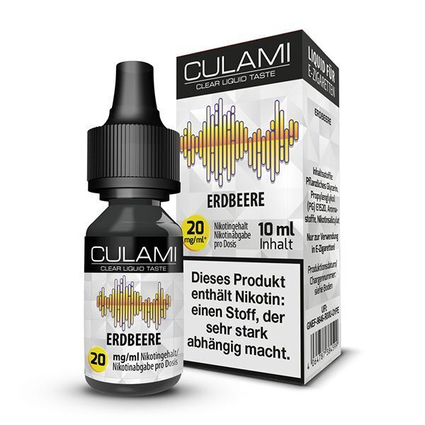 Culami Nikotinsalz - Erdbeere 20mg Flasche Culami Nikotinsalz Erdbeere 20mg vor Verpackung, 10ml, mit grafischem Design und Warnhinweis: Dieses Produkt enthält Nikotin