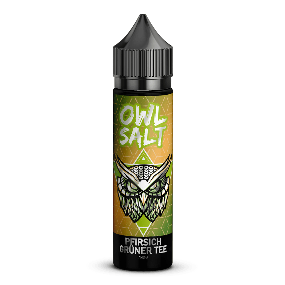 Flasche mit E-Liquid "Owl Salt" Aroma, Pfirsich Grüner Tee, mit Eulen-Design auf grün-orangefarbenem Hintergrund