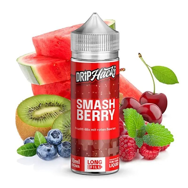 Aroma Smash Berry von Drip Hacks Drip Hacks Aroma Smash Berry Flasche vor frischen Kiwis, Blaubeeren, Wassermelonen, Himbeeren und Kirschen platziert.