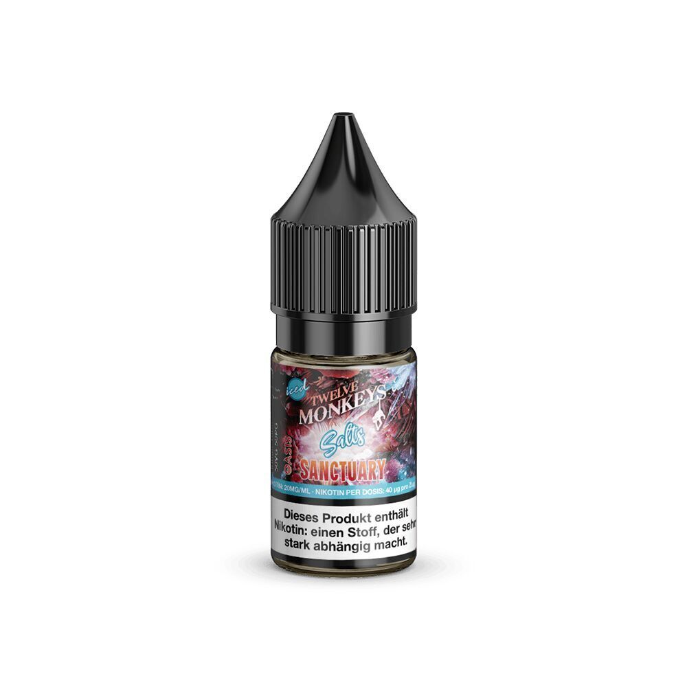 Liquid Sanctuary 20mg - Twelve Monkeys Flasche von Twelve Monkeys Nikotinsalz Sanctuary 20mg mit schwarzem Verschluss, illustriertem Etikett und Nikotinwarnung.