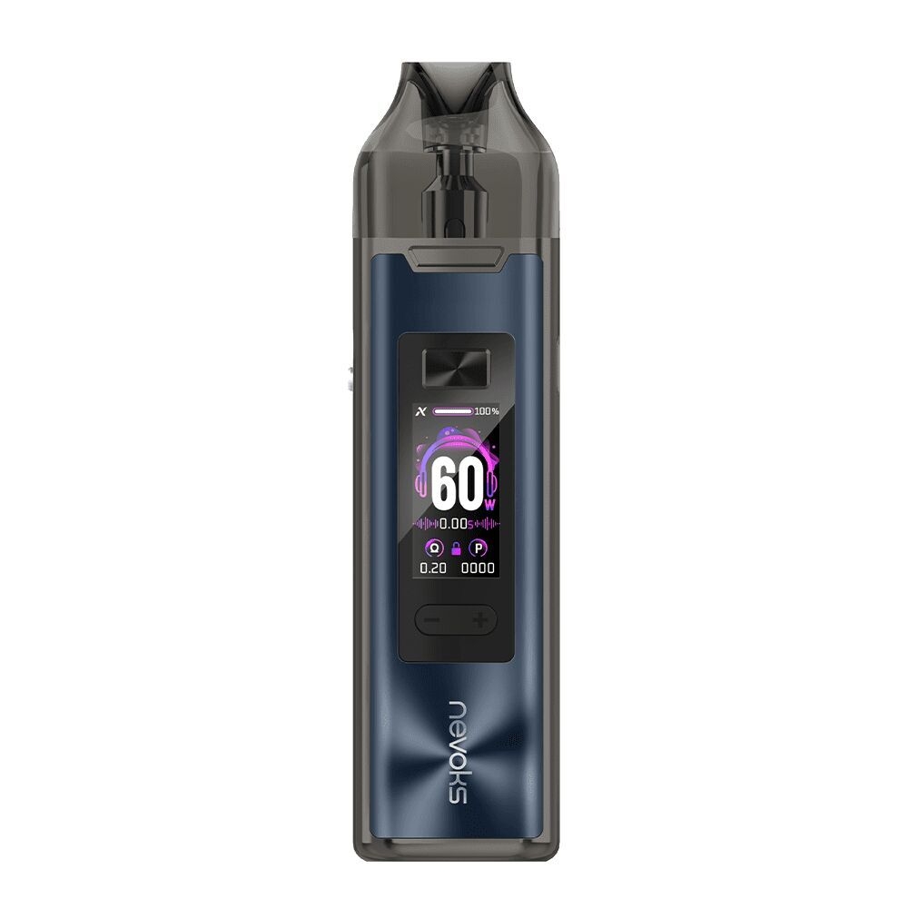 Nevoks Feelin XR Pro Pod Kit in Gunmetal Blue mit digitalem Display, Anzeige "60W", unteren Tasten zur Steuerung und transparentem Mundstück.