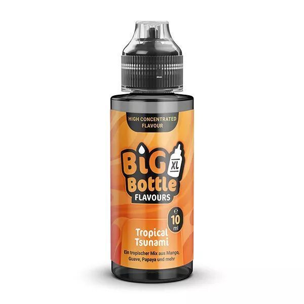 Aroma Tropical Tsunami von Big Bottle Flavours Big Bottle Flavours Aroma Tropical Tsunami 10 ml in einer orangefarbenen Flasche mit Beschriftung "Ein tropischer Mix aus Mango, Guave, Papaya".