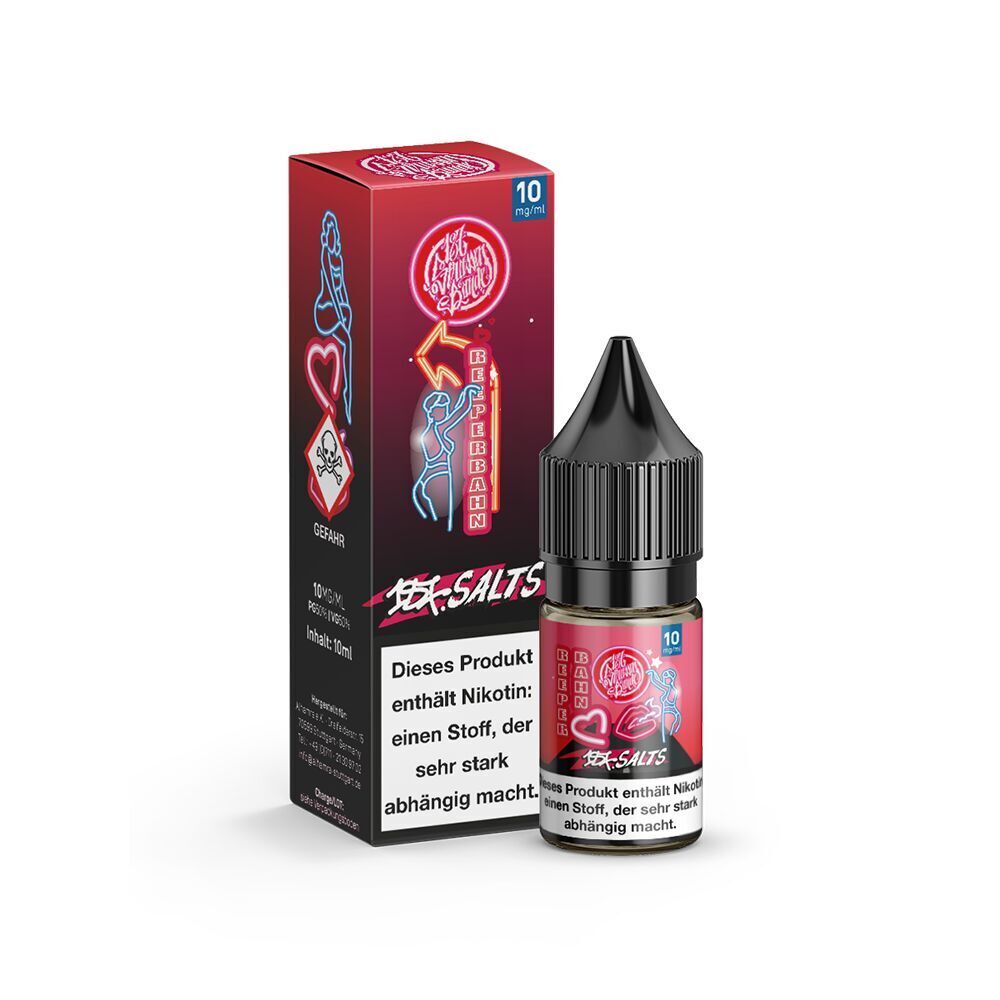 187 Strassenbande Liquid - Reeperbahn 10mg E-Liquid Flasche 187 Strassenbande Reeperbahn 10mg vor roter Verpackung mit neonfarbenen Grafiken und Warnhinweisen über Nikotingefahr.