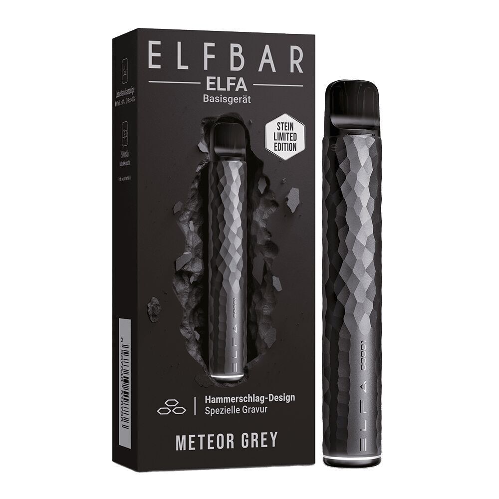 Elfbar Elfa Pod Kit Elfbar ELFA Akku in Meteor Grey Limited Edition mit Hammerschlag-Design und spezieller Gravur, Verpackung mit Sichtfenster.