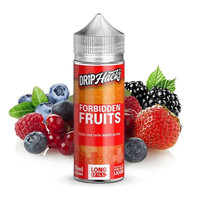 Aroma Forbidden Fruits von Drip Hacks Drip Hacks Aroma - Forbidden Fruits 10ml Flasche, umrundet von schwarzen, roten und blauen Beeren, mit Produkttext und Branding sichtbar.