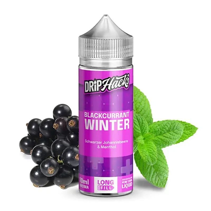 Aroma Blackcurrant Winter von Drip Hacks Drip Hacks Aroma Blackcurrant Winter Flasche mit schwarzer Johannisbeere, Minzblättern und lila Hintergrunddesign