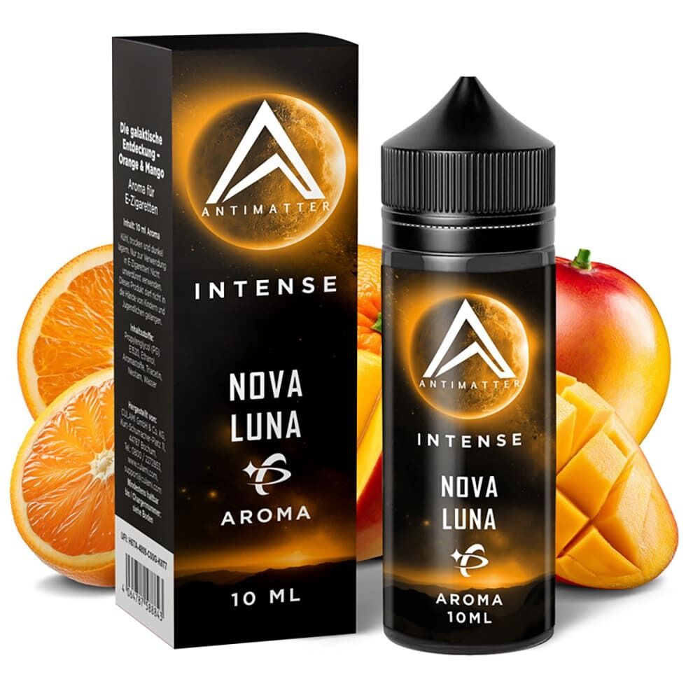 Aroma Nova Luna von Antimatter Intense Antimatter Intense Aroma Nova Luna Flasche und Verpackung mit Orangen- und Mangodarstellung, 10 ml Aroma für E-Zigaretten