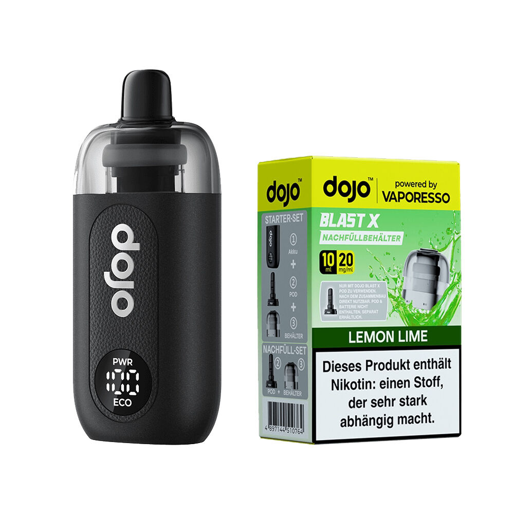 Vaporesso Dojo Blast X Set - Lemon Lime 20mg Vaporesso Dojo Blast X Set in Schwarz neben einer Lemon Lime Packung mit 20 mg/ml Nikotin, Produktdetails und Warnhinweis sichtbar.