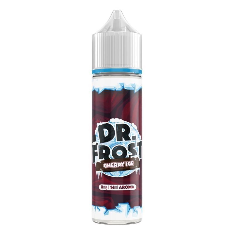 Aroma Cherry Ice von Dr. Frost Flasche mit Dr. Frost Aroma Cherry Ice, dunkelrotes Design, eisige Schrift, 14ml, 0mg.