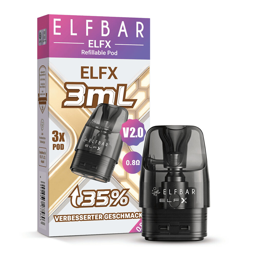 Vape-Pod Elfbar Elfx 3ml mit 0,8 Ohm Coil, Verpackung zeigt "35% verbesserter Geschmack" und "V2.0" Icons.