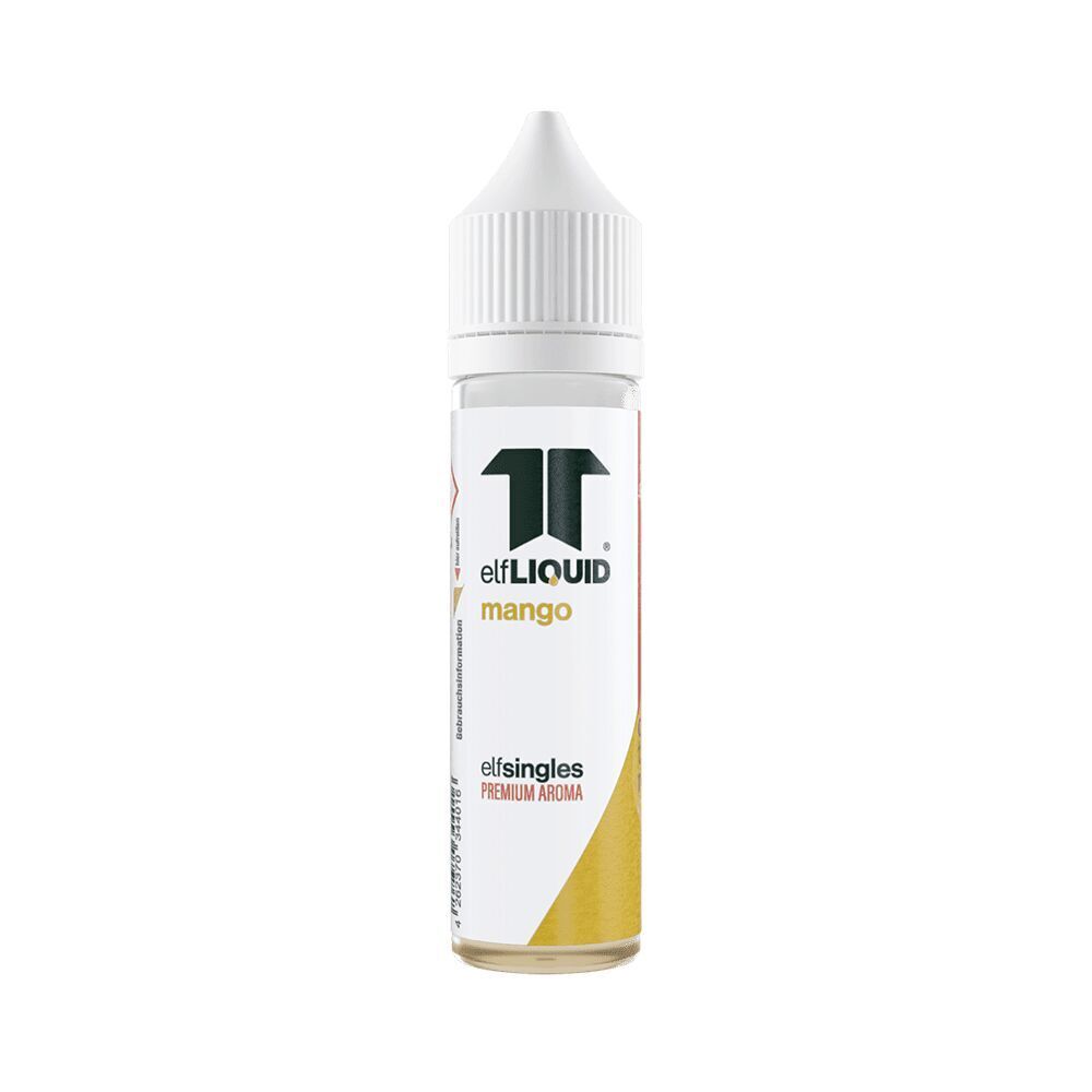 Elf Liquid Aroma - Mango Elf Liquid Aroma Mango in einer weißen Flasche mit einem schlichten Etikett, schwarzem Logo und gelbem Farbakzent am Boden.