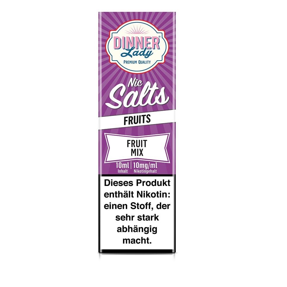 Dinner Lady Nikotinsalz Fruit Mix Packung mit lila Hintergrund, 10ml Inhalt, 10mg/ml Nikotingehalt, enthält Nikotin: einen stark abhängig machenden Stoff