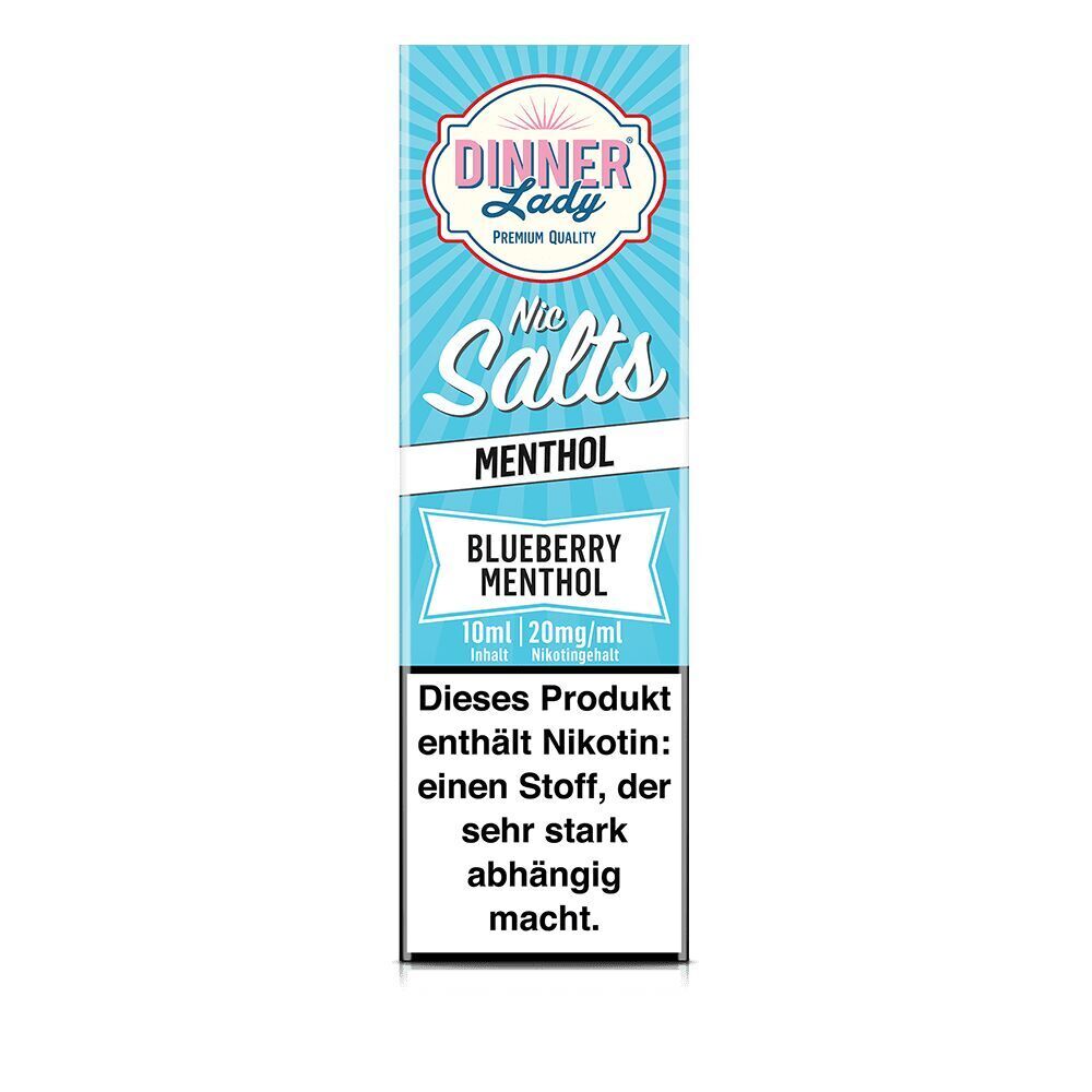 Dinner Lady Nic Salts Blueberry Menthol E-Liquid 10ml mit 20mg Nikotin, blau-weißes Verpackungsdesign, Warnhinweis: enthält Nikotin.