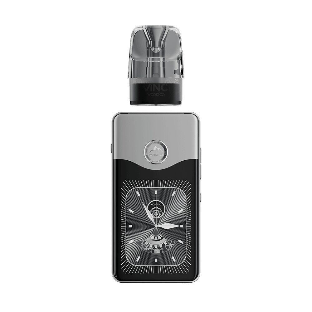 Voopoo Vinci E120 Pod Kit - Glow Silver Voopoo Vinci E120 Pod Kit in Glow Silver mit transparentem Mundstück, schwarzem Display und sichtbaren Uhrzeigern auf der Vorderseite