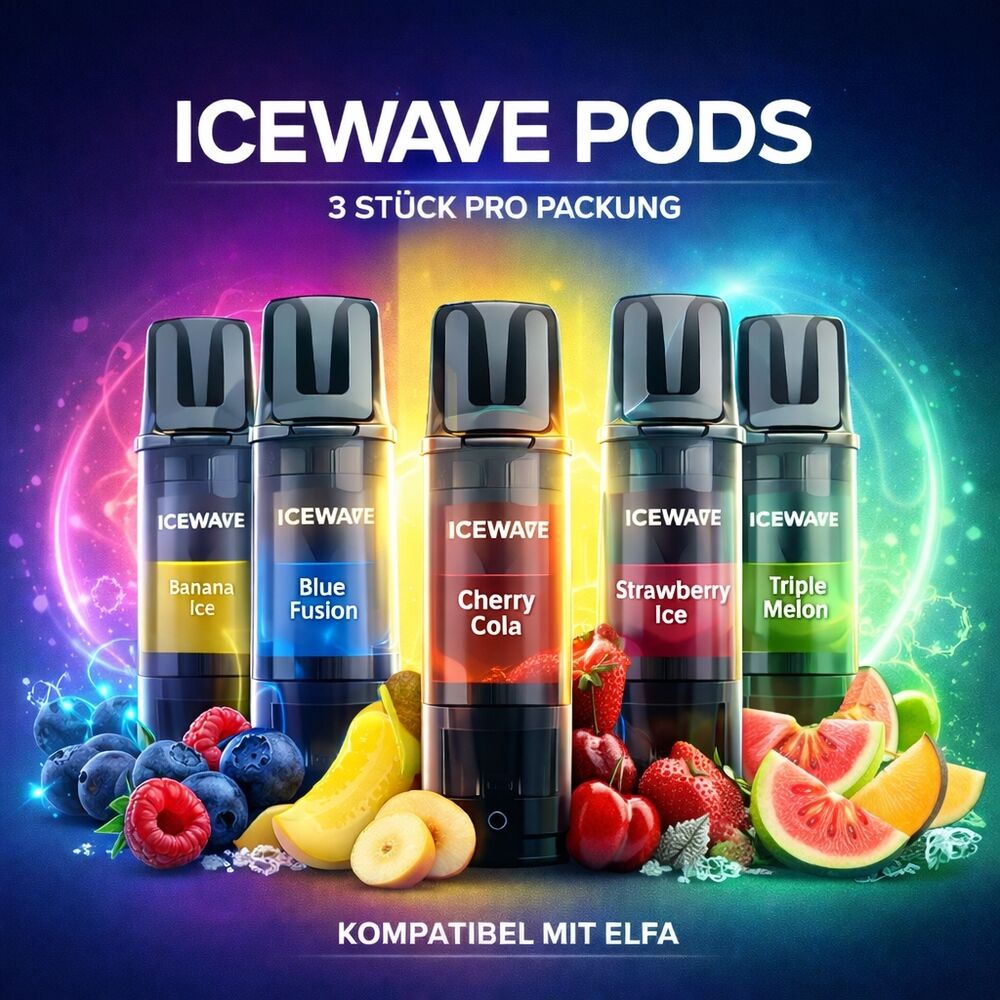 Icewave Pods - 20mg Nikotinsalz Fünf Icewave Pods in verschiedenen Geschmacksrichtungen: Banana Ice, Blue Fusion, Cherry Cola, Strawberry Ice und Triple Melon, umgeben von passendem Obst.