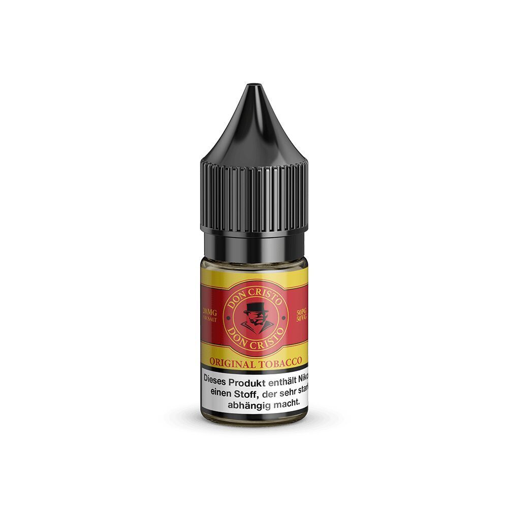 Liquid Original 20mg - Don Cristo Don Cristo Nikotinsalz Original 10mg Flasche mit rotem Etikett, schwarzem Verschluss und Warnhinweis zur Nikotinsucht.