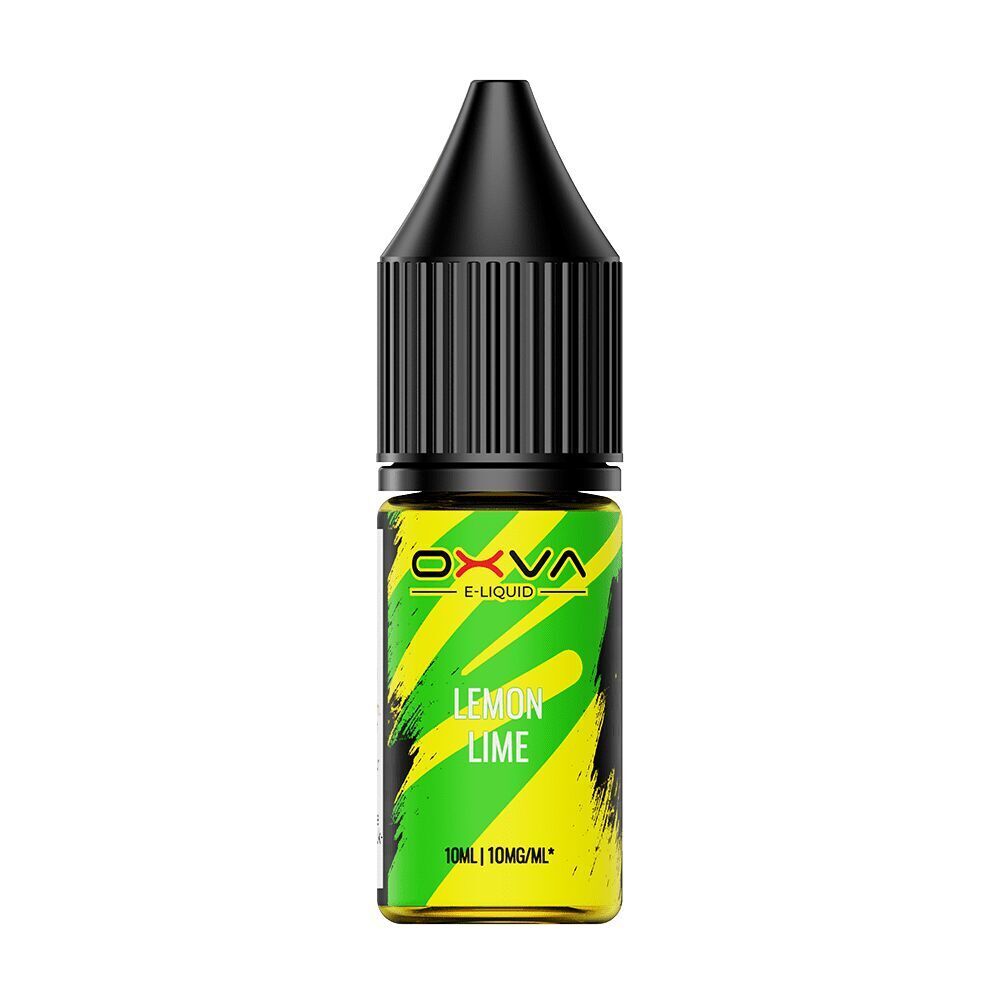Oxva E-Liquid Flasche mit Lemon Lime Design, 10ml Inhalt, 10mg Nikotinsalz, schwarz-grünes Etikett mit gelben Details.
