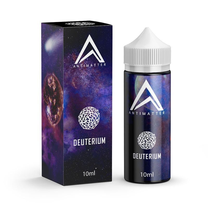 Aroma Deuterium von Antimatter Antimatter Aroma Deuterium 10ml Flasche und Verpackung mit violettem Weltraumdesign und weiße Logos.