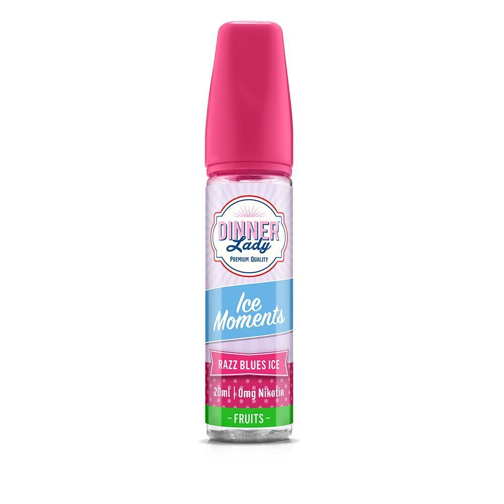 Aroma Razz Blues ICE von Dinner Lady Dinner Lady Aroma Flasche mit pinkem Deckel und Beschriftungen: Ice Moments, Razz Blues ICE, 20ml, 0mg Nikotin, Fruits.