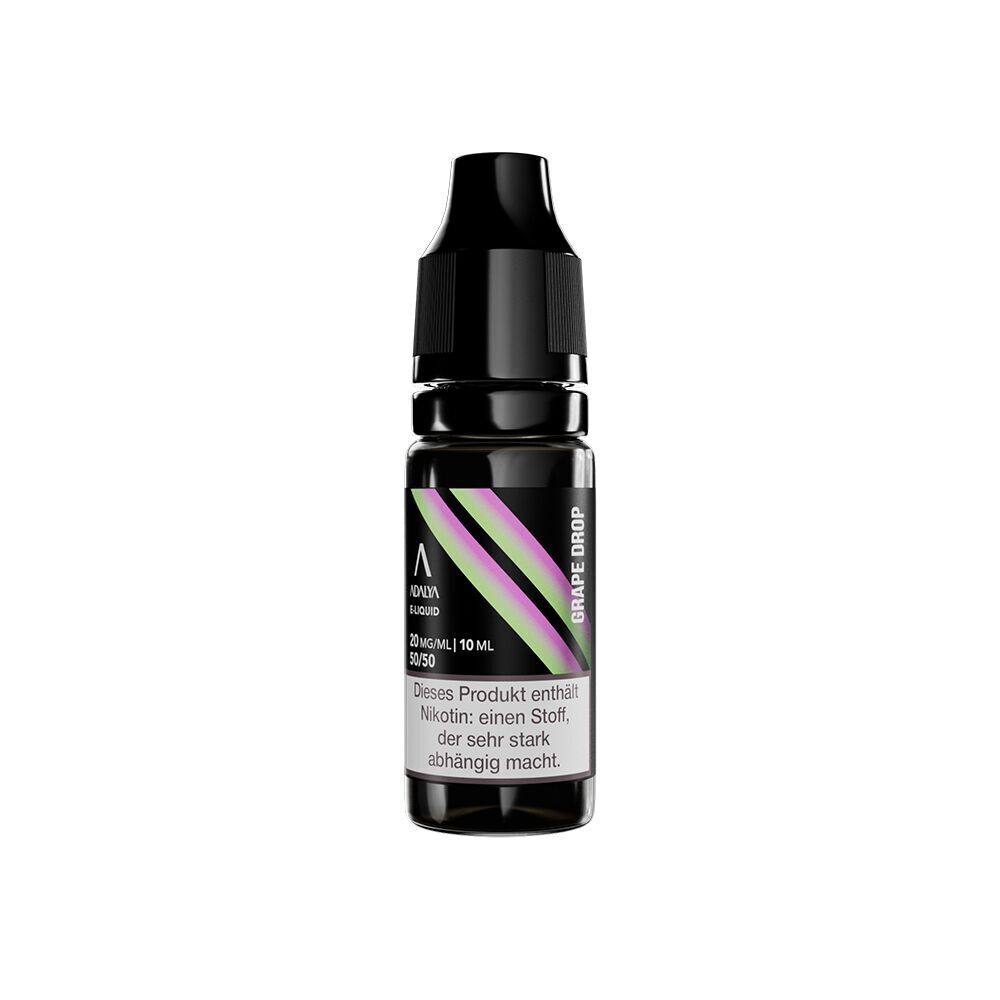 Liquid Grape Drop 20mg - Adalya Nikotinsalz E-Liquid-Flasche Adalya Nikotinsalz Grape Drop 20mg, 10ml, schwarzer Verschluss, farbiges Etikett, enthält Nikotin-Warnhinweis.