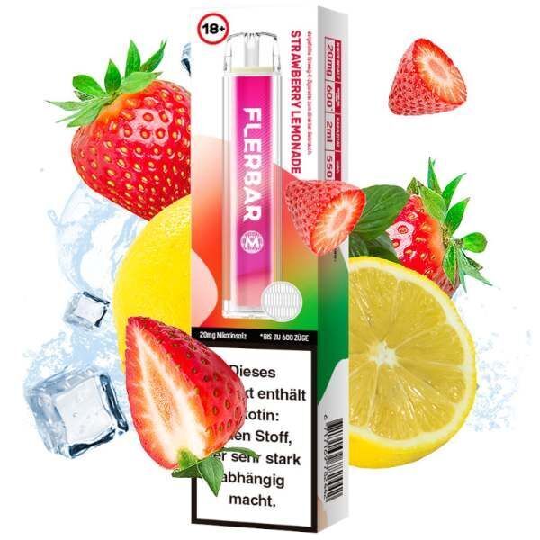 Strawberry Lemonade mit 20mg Nikotin Flerbar E-Shisha Flerbar Strawberry Lemonade 20mg Verpackung mit Erdbeeren, Zitronen und Eiswürfeln abgebildet, Text mit Nikotinwarnung sichtbar.