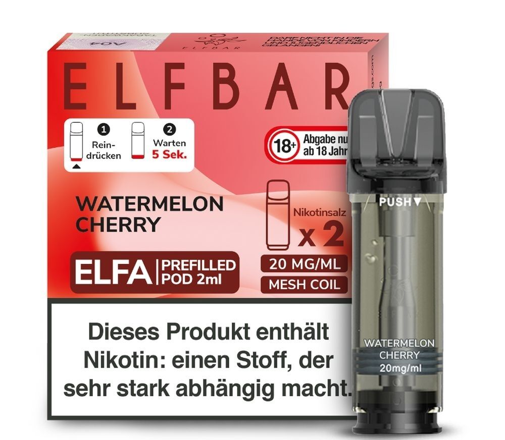 Watermelon Cherry Elfa Pods von Elfbar 20mg Elfbar ELFA Pods Watermelon Cherry 20mg Packung und Pod mit Nikotinwarnung, 2ml, Mesh Coil, Nikotinsalz, Nutzungsanleitung sichtbar.